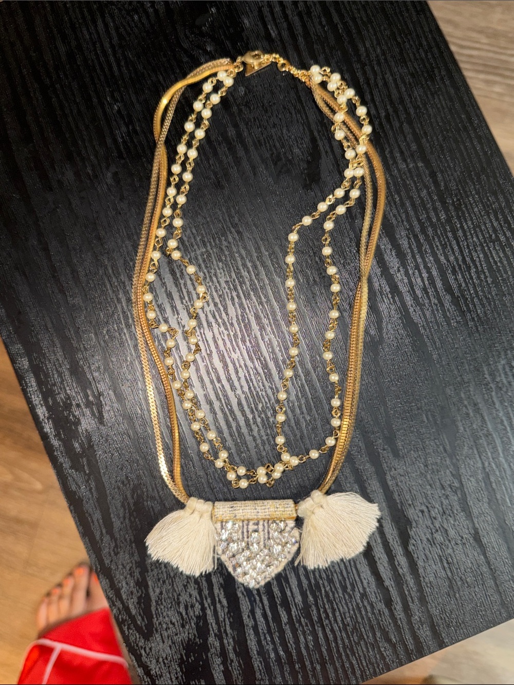 🌸 Serafina Boho Layered Necklace Gold Tone Chain Cream Beads Fringe Tassels